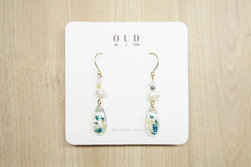 OUD Original-14Kgf-Natural Baroque Pearl-Aquamarine Shells Drop Earring/Clip-on - Earrings & Clip-ons - Pearl White