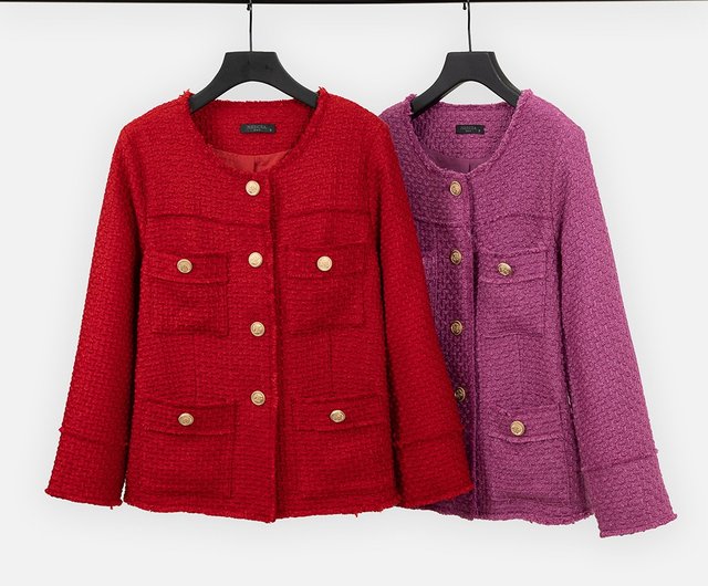 MEDUSA】Pockets Longline Chanel Tweed Jacket - Red / Purple - Shop