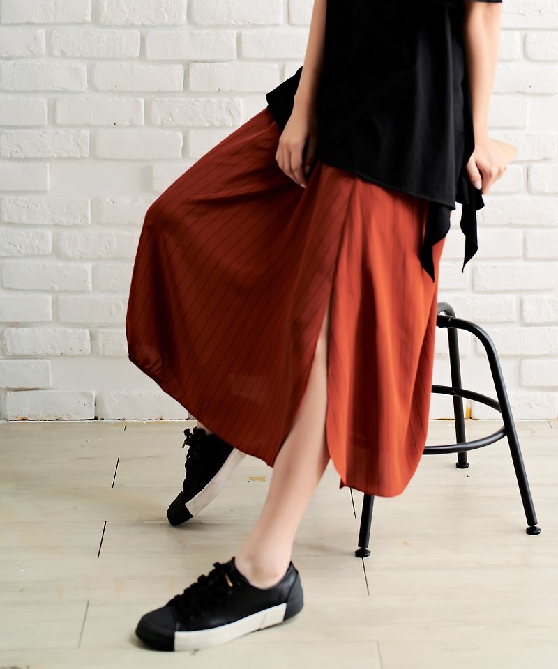 Can pants can skirt elastic band hakama-orange stripes-made in Japan fabric - กระโปรง - เส้นใยสังเคราะห์ สีแดง