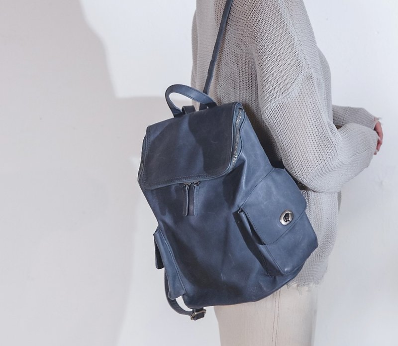U tube bilateral zipper multi-layer leather back bag blue - Backpacks - Genuine Leather Blue