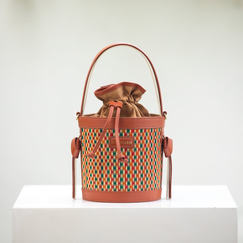 Chaksarn Mini Bucket: Natural Woven Straw with Brown Genuine Cowhide Leather - Handbags & Totes - Genuine Leather Brown