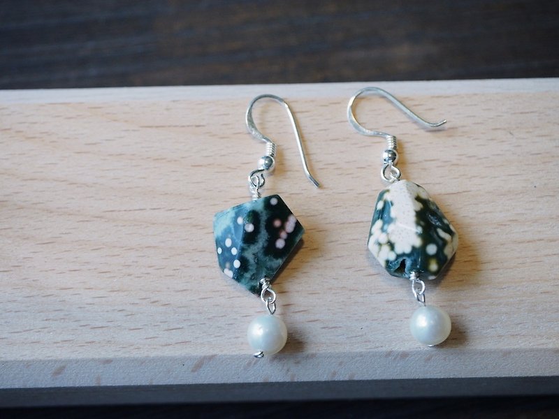 [Maya Tara] Ocean Jasper sterling silver earrings fish eggs ocean stone leopard stone Ocean Jasper - ต่างหู - เครื่องประดับพลอย สีเขียว