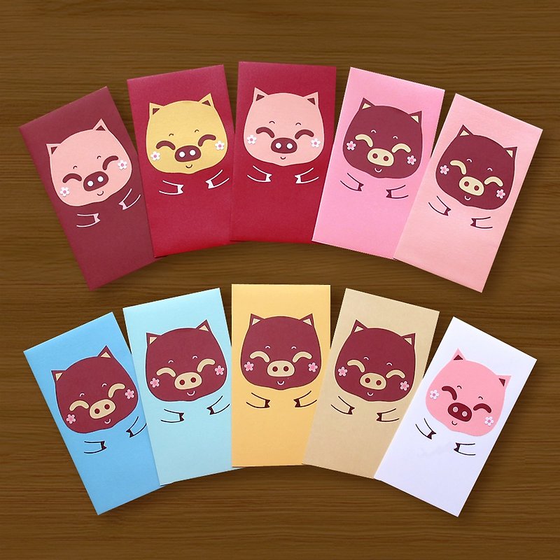 （ロングバージョンとショートバージョンが利用可能です）豚の年手作りAng Pow Bag_ Colored Face- Li Shi Feng - ご祝儀袋・ポチ袋 - 紙 レッド