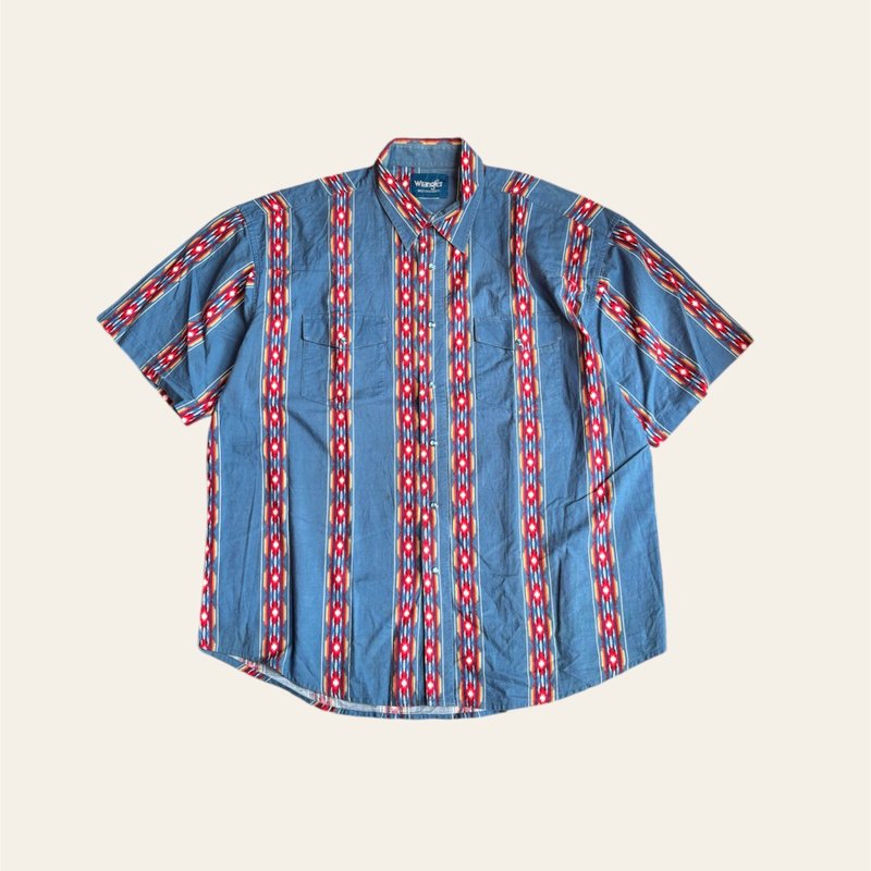 American vintage Wrangler blue brother totem short-sleeved western shirt - เสื้อเชิ้ตผู้ชาย - ผ้าฝ้าย/ผ้าลินิน หลากหลายสี