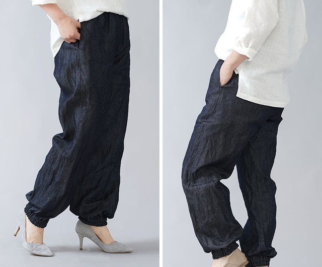 Linen Denim Unisex Monpe Pants / Dark Indigo b005f-din3 - 設計館