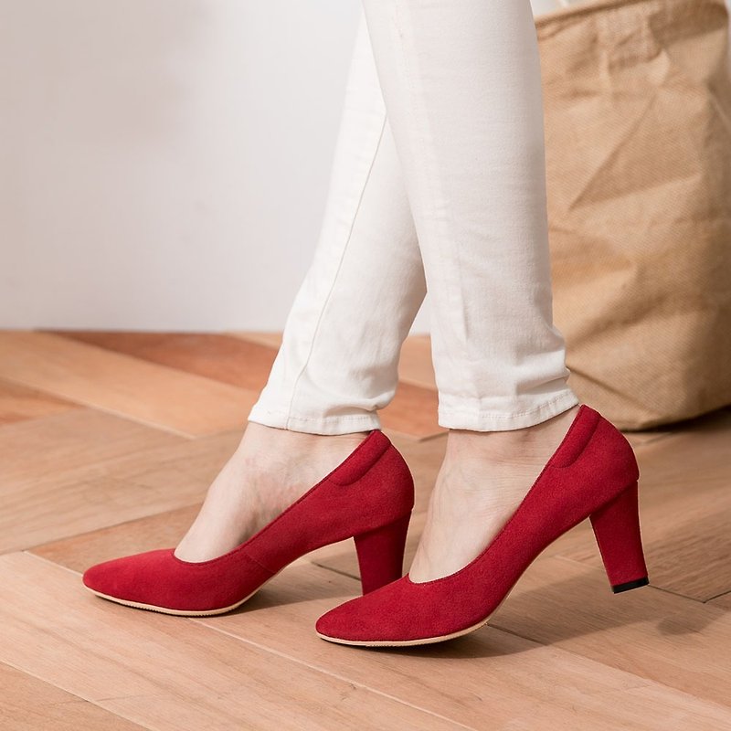 Maffeo 高跟鞋 尖頭鞋 微性感尖頭美國進口麂皮高跟鞋 靜音天皮(831正紅) - 高跟鞋/跟鞋 - 真皮 紅色