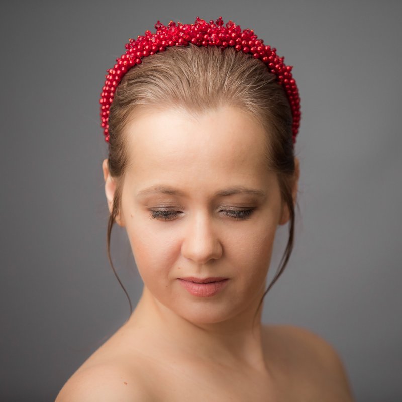 Red beaded headband for wedding guest. Wedding bejeweled headband. - Headbands - Other Materials Red