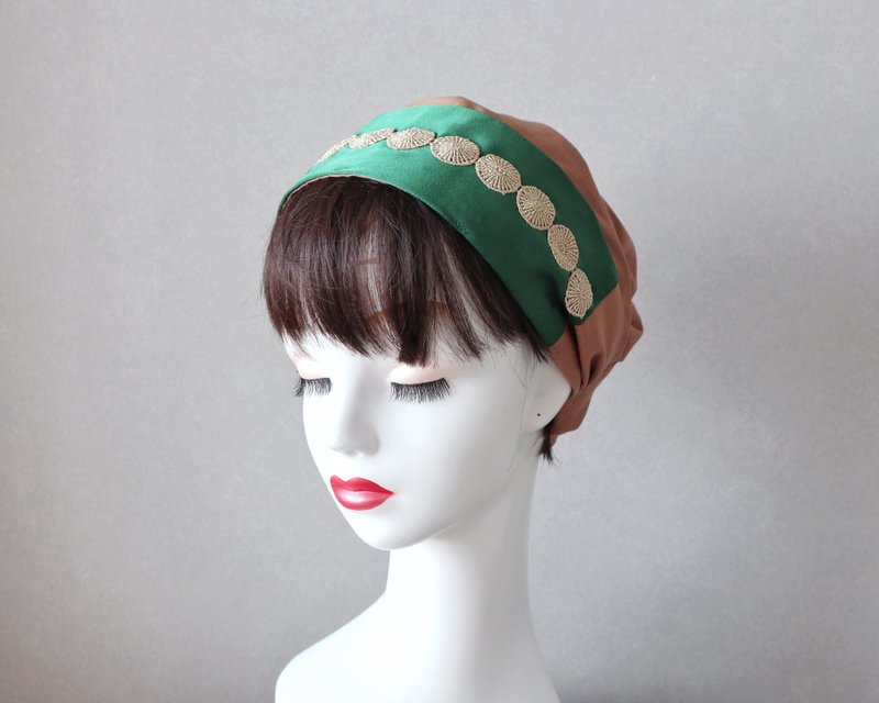艶やかな金糸刺繍(サークル)&グリーンのサッシュベルトとフレンチベージュのヘアターバン 医療用帽子/ケア帽子 - 髮夾/髮圈 - 棉．麻 綠色