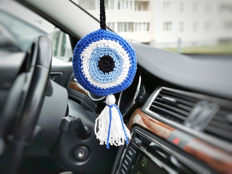 Evil eye keychain, car accessory, Evil eye plush, car rear view hanging - 鑰匙圈/鑰匙包 - 其他材質 藍色