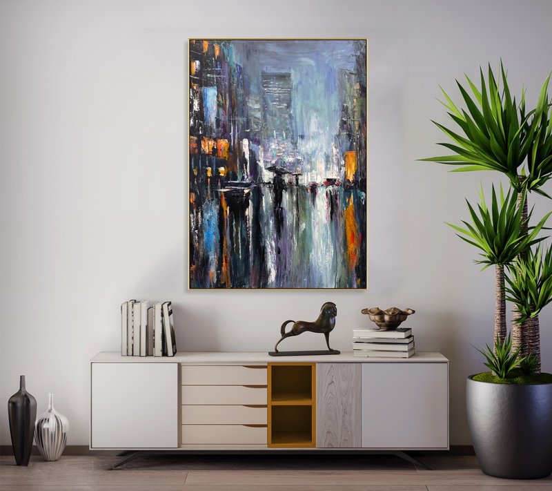 Original Abstract Night City Streets Paintings On Canvas Modern Textured - ตกแต่งผนัง - อะคริลิค หลากหลายสี