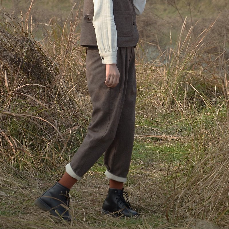 Coffee color herringbone high waist nine pants | pants | autumn and winter models | wool | Sora-238 - Women's Pants - Wool 