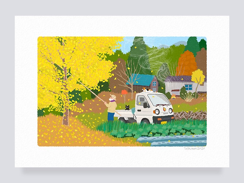 Art print / 23.Ginkgo drop(A4.A3.A2 size) free shipping - โปสเตอร์ - กระดาษ สีเหลือง