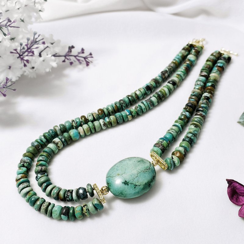 Natural Rare Turquoise Wealth Attraction Large Gemstone 2-Layer Necklace Unique Piece Gift Collection Exclusive - สร้อยคอ - เครื่องเพชรพลอย สีเขียว