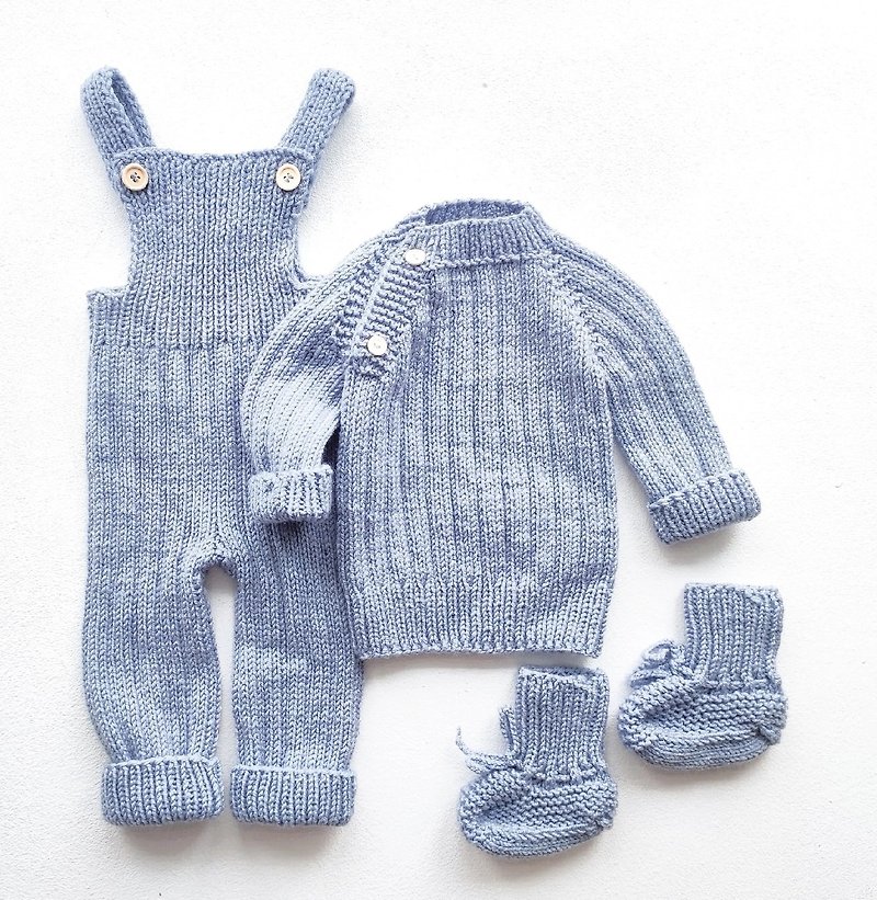 6〜12ヶ月の赤ちゃん用セットの編み物パターン、英語でのpdf指導 - ロンパース - ウール ブルー