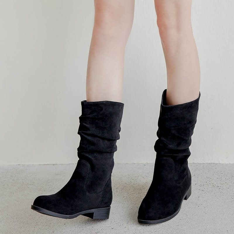 -3KG見える ! 詐欺のような美脚効果  しわしわデザイン ミドルブーツ - ブーティー - 合皮 ブラック