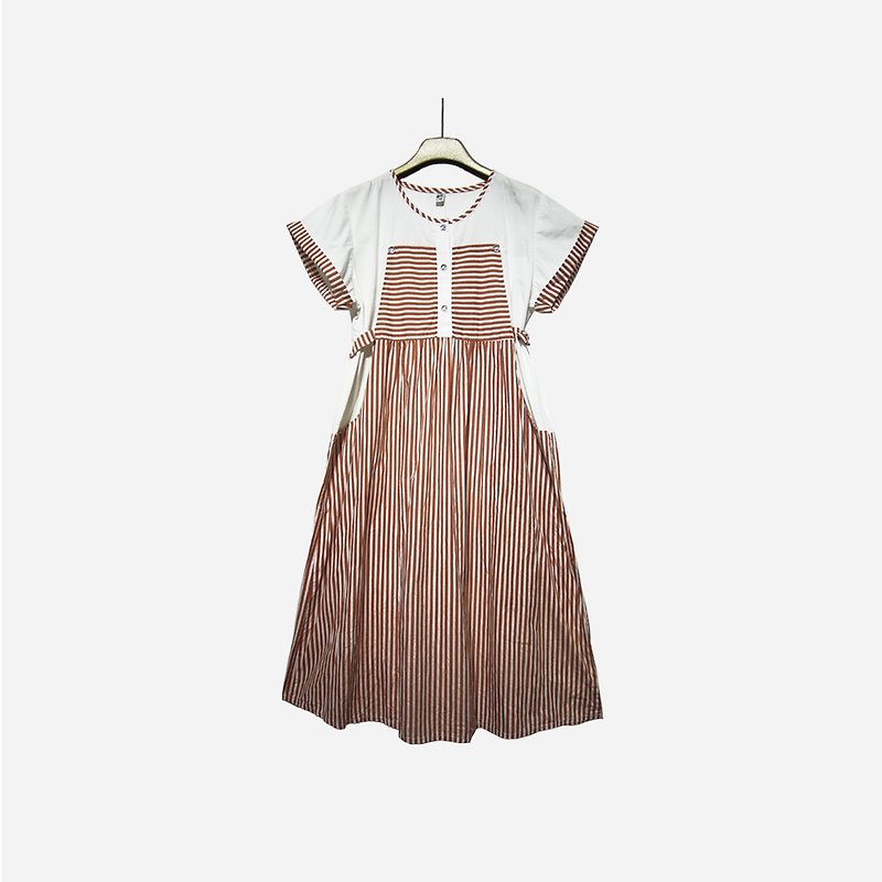 脫臼古著 / 條紋綁帶洋裝 no.1114 vintage - 連身裙 - 棉．麻 橘色