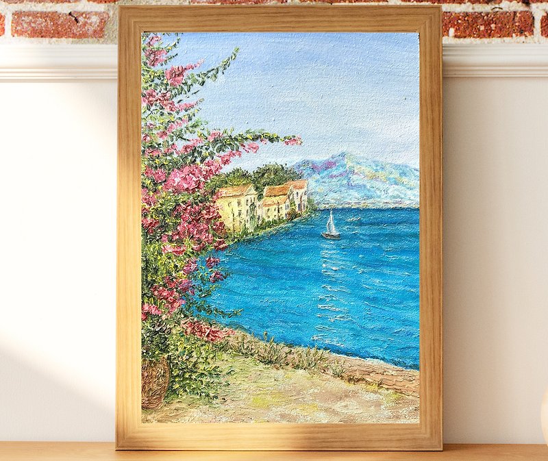 海景畫 意大利海灘牆藝術 原創繪畫 意大利海岸繪畫 - 壁貼/牆壁裝飾 - 木頭 藍色