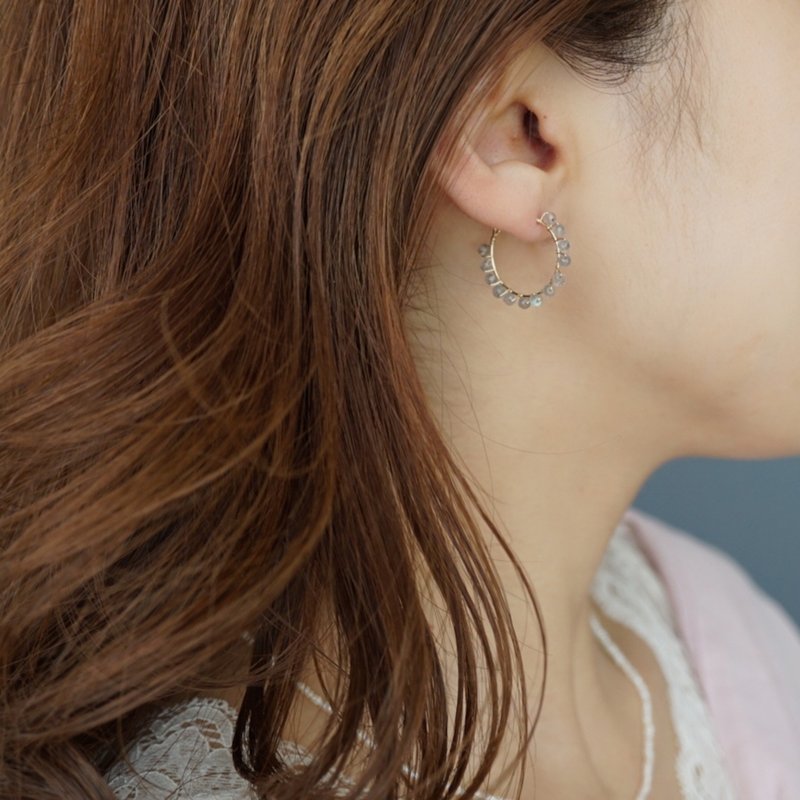 14kgf Labradorite Hoop Earrings - 耳環/耳夾/耳骨夾 - 其他金屬 金色