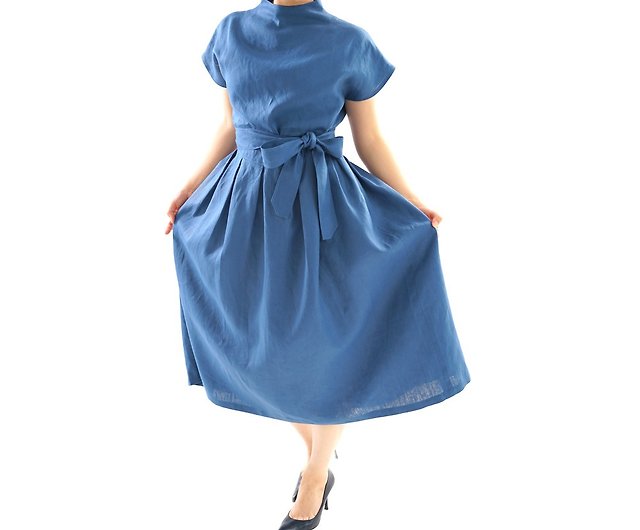 Linen neckline French sleeve tuck dress / Blue Marine a048a-bum2 - ショップ  【wafu】linen clothing ワンピース - Pinkoi