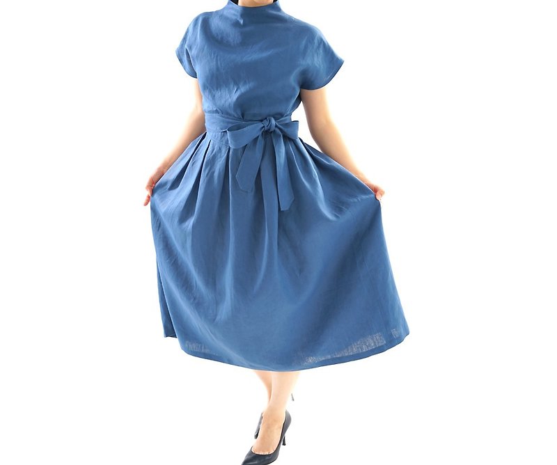 Linen neckline French sleeve tuck dress / Blue Marine a048a-bum2 - 洋裝/連身裙 - 棉．麻 藍色