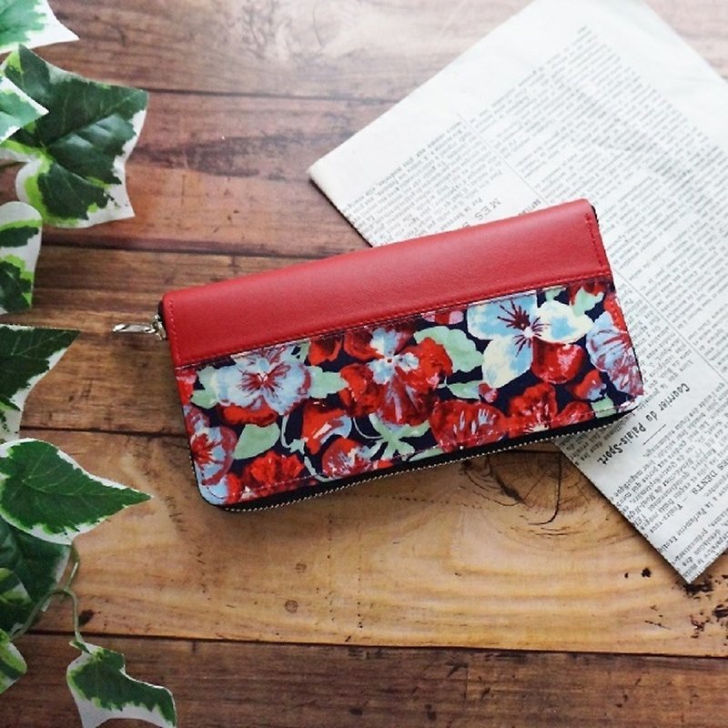 Liberty Pansy Flower Pansy Flower Round Zipper Long Wallet - Wallets - Genuine Leather Red