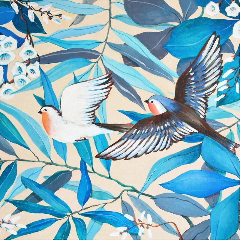 二羽の鳥の絵画 50x75cm オリジナルアクリル絵画 20'x30' ジャングル絵画 - ウォールデコ・壁紙 - その他の素材 ブルー