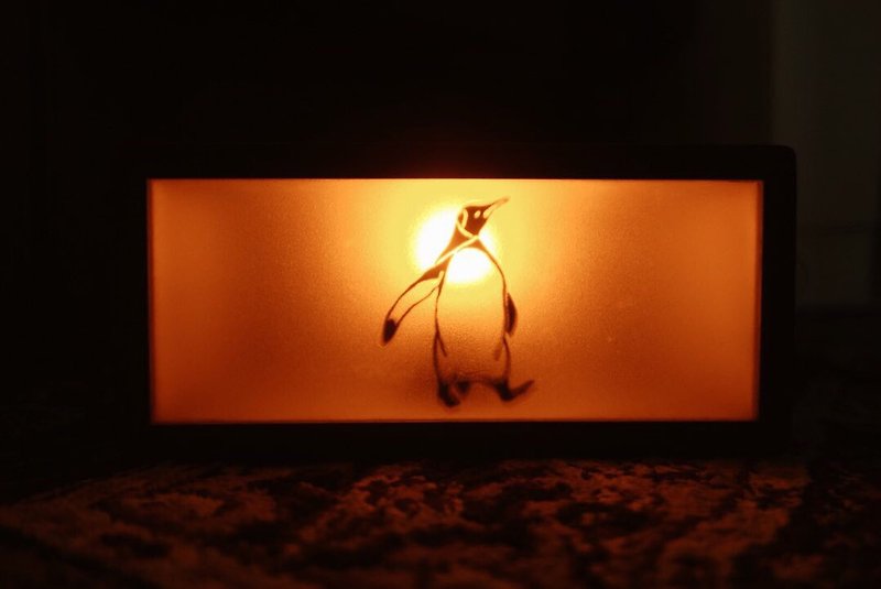 Hand painted old glass penguin light box - Lighting - Wood Brown
