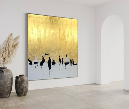抽象的な人々アクリル絵画オリジナル金箔テクスチャ壁アート現代