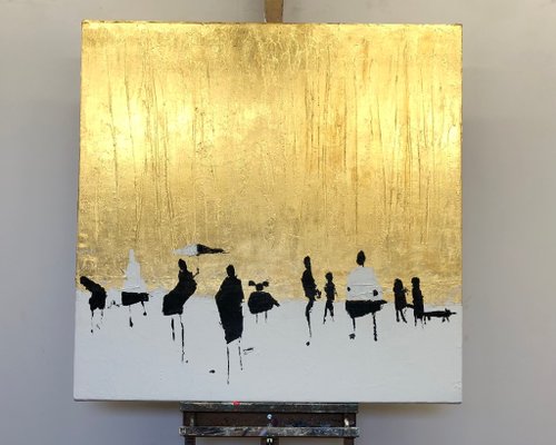 抽象的な人々アクリル絵画オリジナル金箔テクスチャ壁アート現代