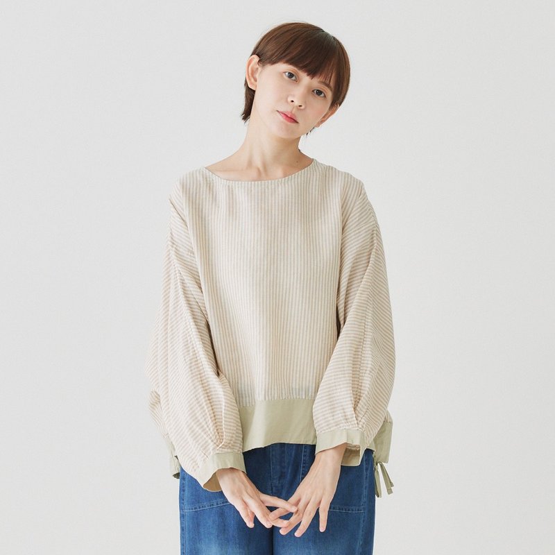 【Simply Yours】條紋拼接上衣 咖啡F - 女上衣/長袖上衣 - 棉．麻 咖啡色