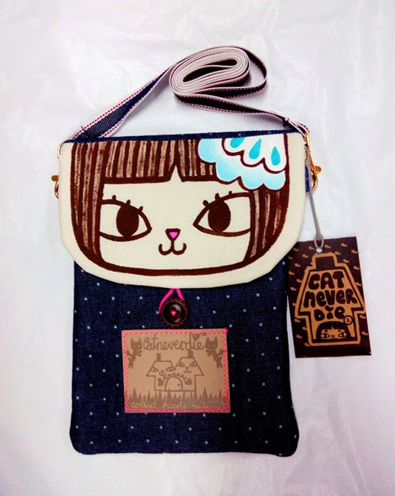Original brand beauty cat hand-painted cotton protection multi-purpose phone bag / document bag / storage bag / shoulder bag - Messenger Bags & Sling Bags - Cotton & Hemp Blue