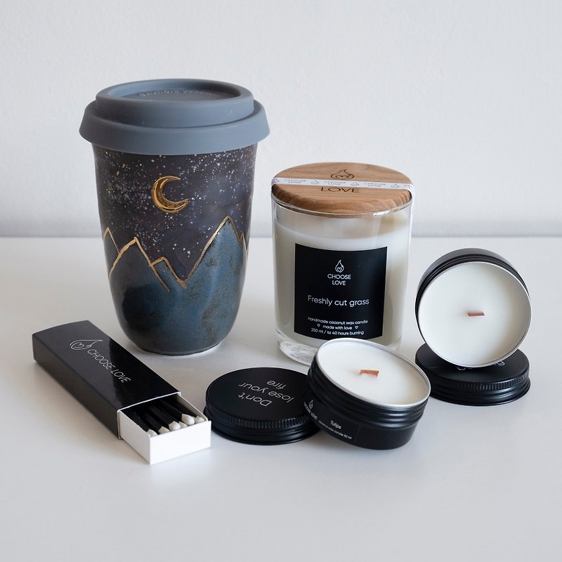 Ceramic travel mugs set, candle gift set, aroma gift set, Mug with lid ceramic - เซรามิก - ดินเผา 