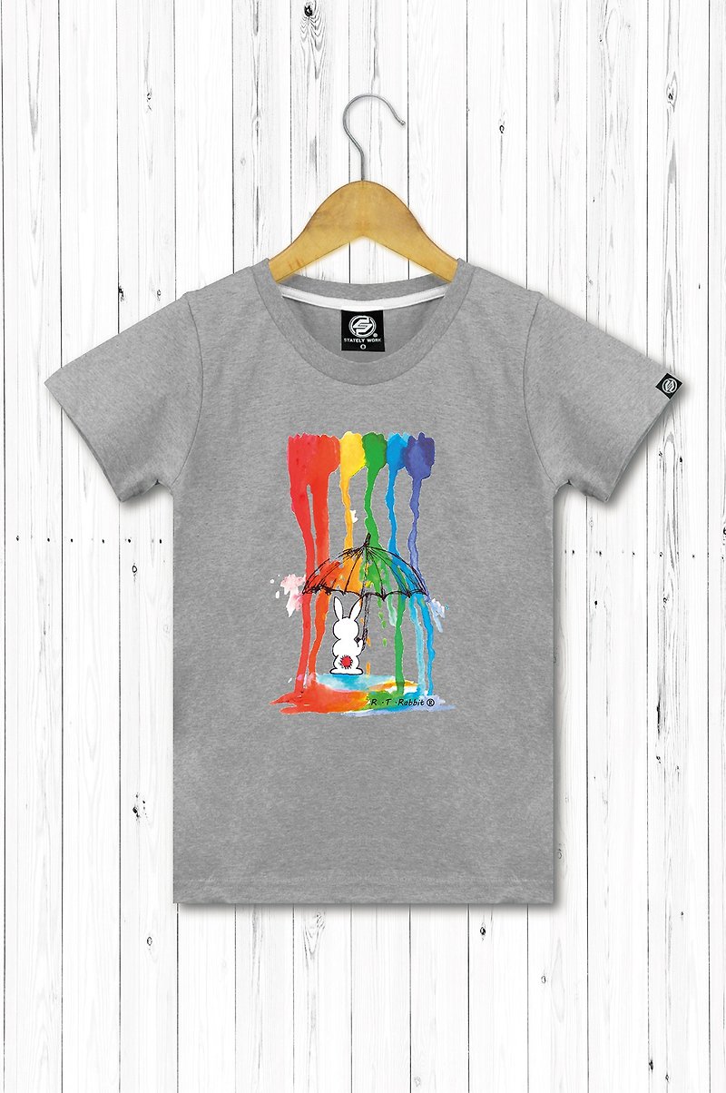 STATELYWORK Rainbow Rain Rabbit Women's Short T-Shirt Black Grey White Tricolor - เสื้อผู้หญิง - ผ้าฝ้าย/ผ้าลินิน สีเทา