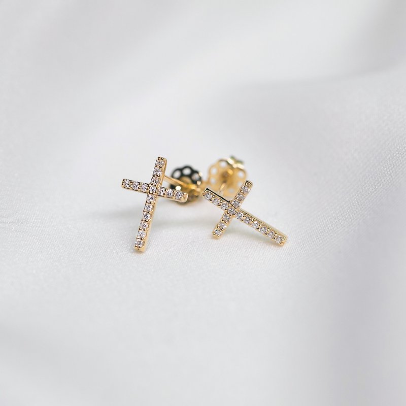 18k Yellow Gold Cross Diamond Stud Earring, Custom Diamond Jewelry, E031 - Earrings & Clip-ons - Diamond Gold