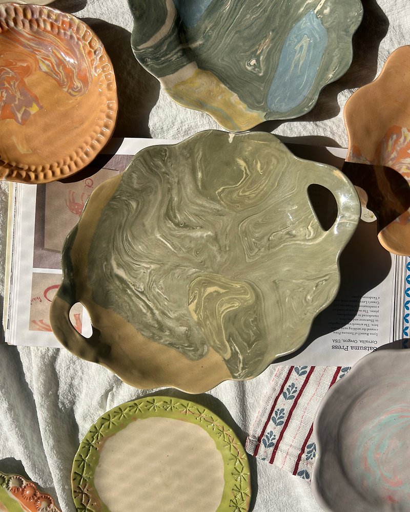 ดินเผา เซรามิก สีเขียว - Hand Built | Oval Tray | Ceramic Handmade | Fruit Tray
