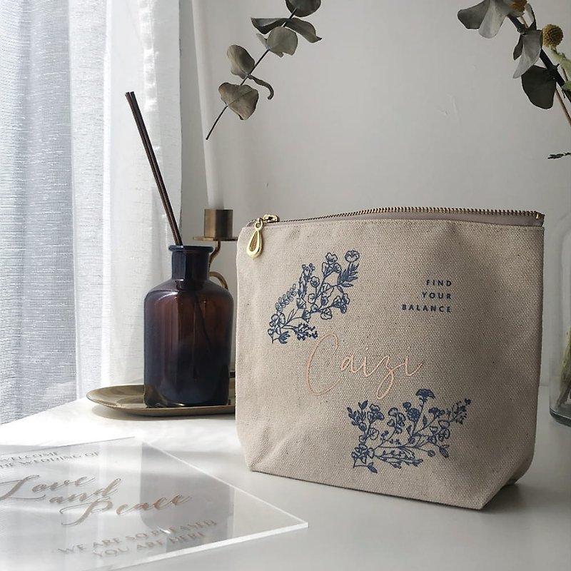 【Customized】Foil Stamping Cosmetic Bag (with Bottom)-American Flower | Wedding, Birthday, Graduation Gift - Toiletry Bags & Pouches - Cotton & Hemp Blue