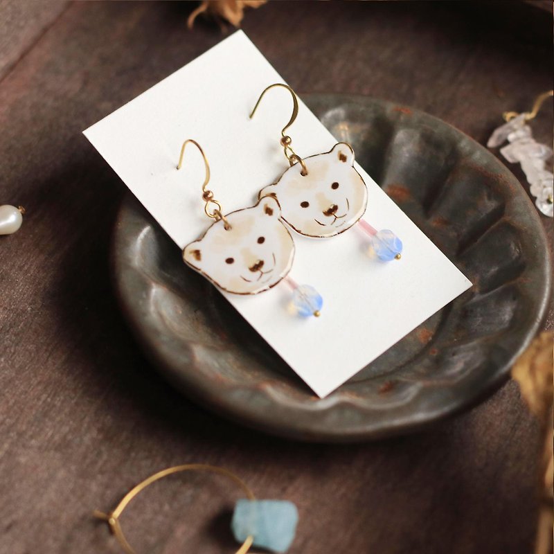 Mini Animals Handmade Earrings - Polar Bear Shaved Ice Can Change Clip - ต่างหู - เรซิน ขาว