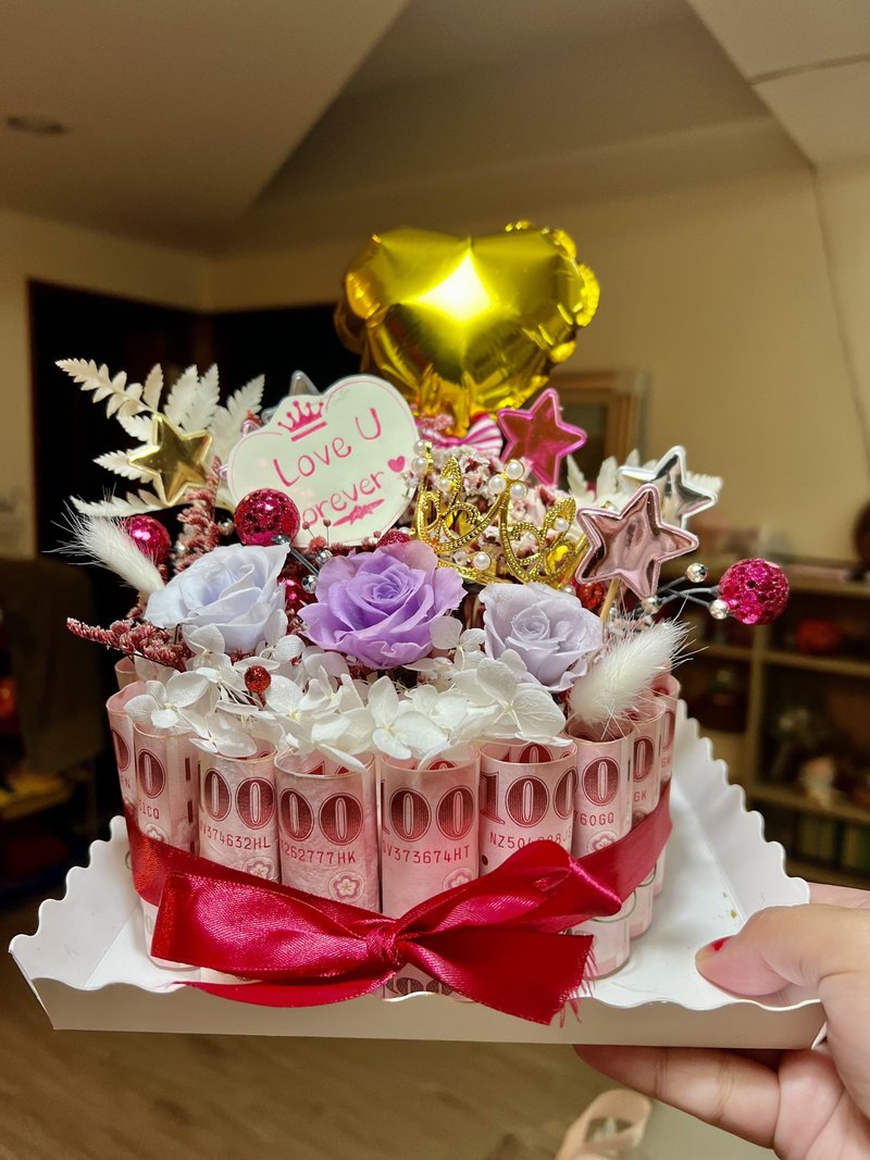 鈔票永生花蛋糕客製化下單區-有錢花-商品不含鈔票需自行放入 - 乾燥花/永生花 - 植物．花 