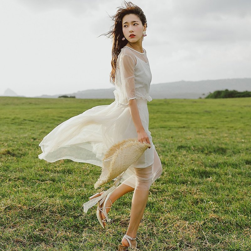 Anne Chen 2018 summer new style literary women's waist to wear mesh dress dress - One Piece Dresses - Nylon Gold