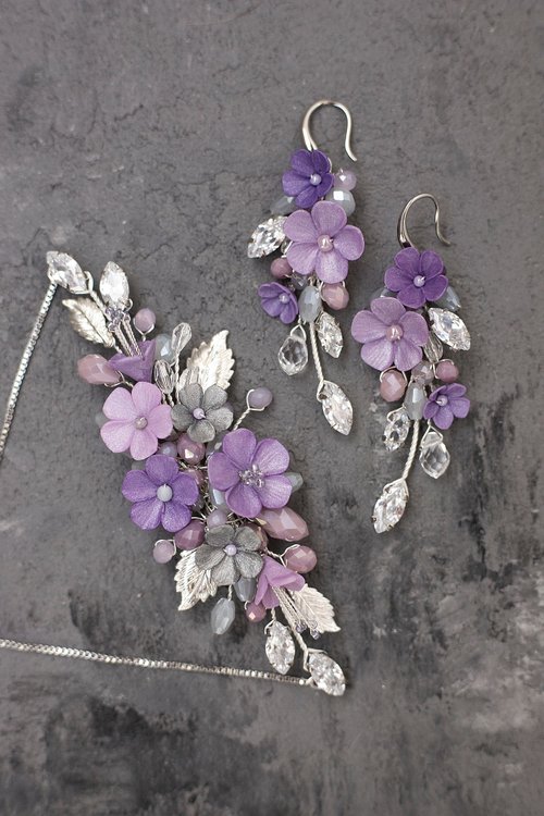 バイオレットグレーの花のイヤリング、紫のジュエリーセット、花