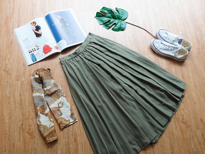 Vintage下著 / 抽褶寬褲 no.17 - 闊腳褲/長褲 - 其他材質 綠色