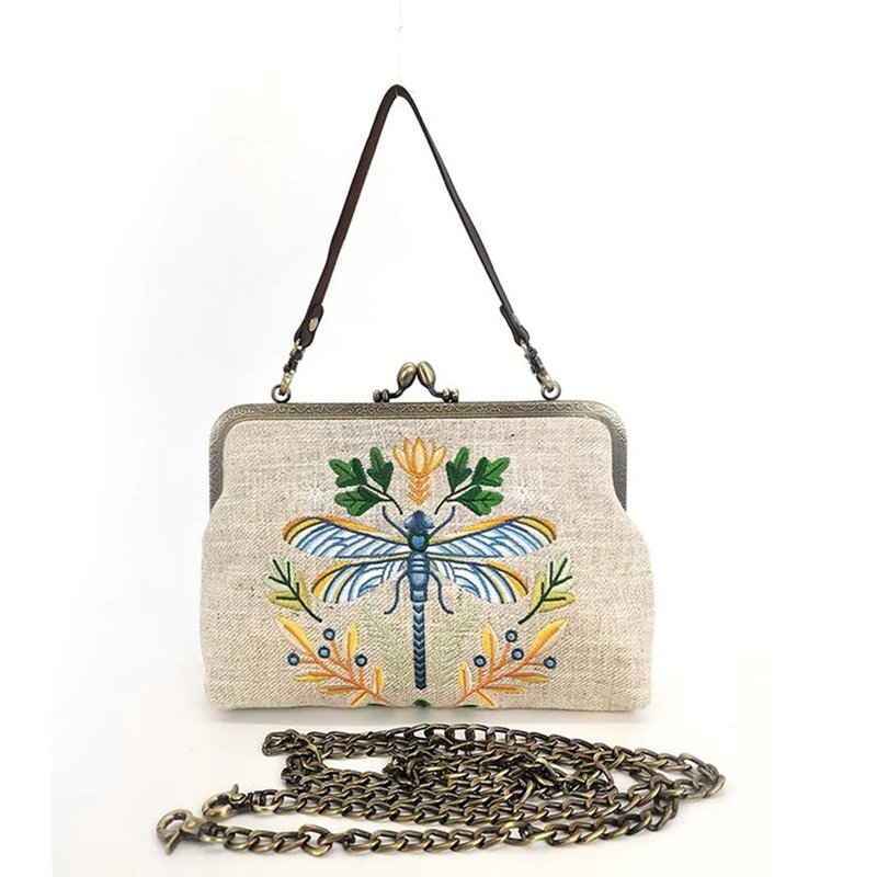 Dragonfly Embroidered Kiss Lock Bag Shoulder Carry Two-Purpose Bag Coolecun - Messenger Bags & Sling Bags - Cotton & Hemp Khaki