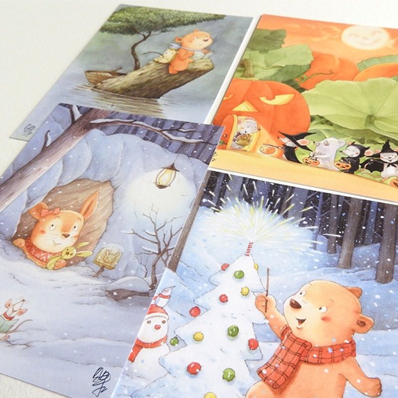 貝果插畫明信片「果果森林－秋冬篇」（4張） - 心意卡/卡片 - 紙 白色