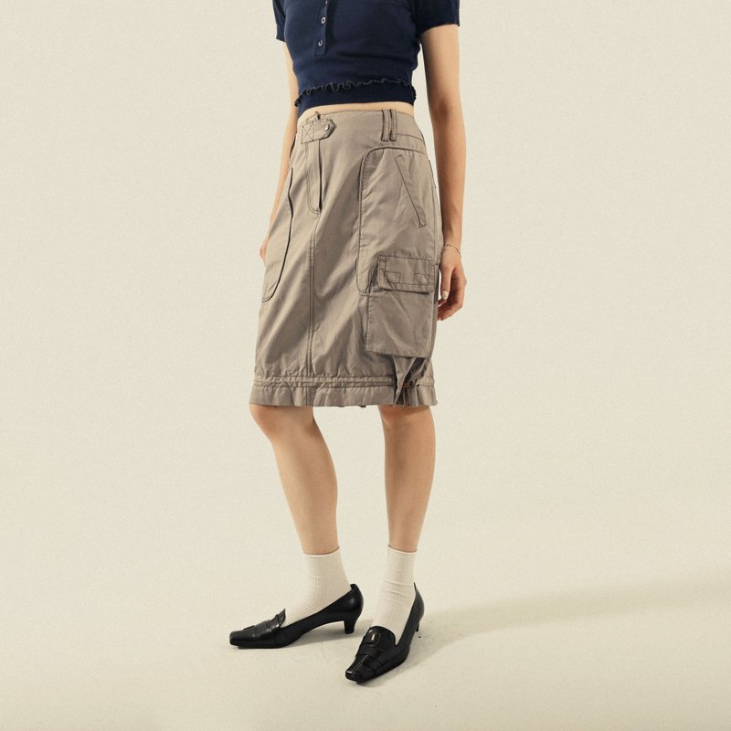 【NaSuBi Vintage】Solid color vintage skirt with decorative stitching and drawstring design - กระโปรง - ไฟเบอร์อื่นๆ 