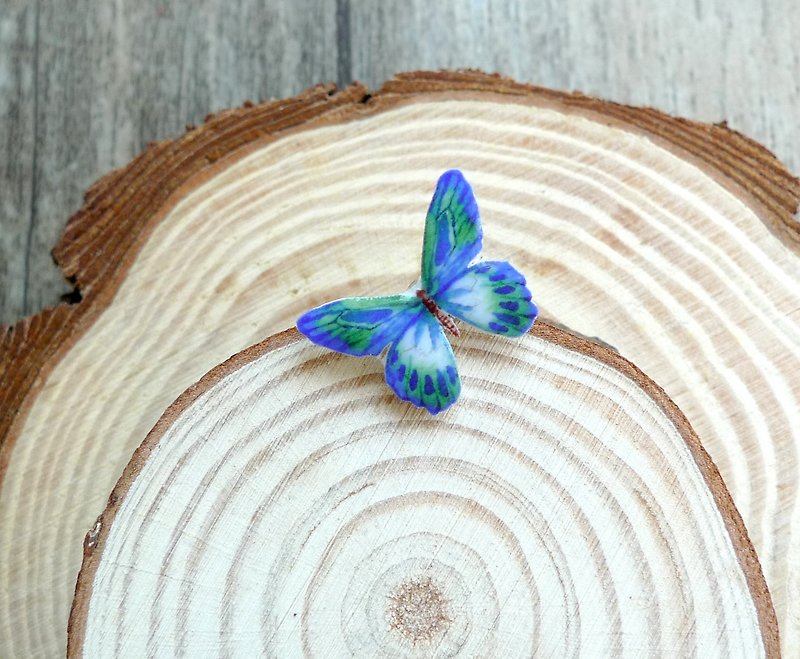 Misssheep-Watercolor Hand-painted style Blue-green Butterfly Hand Earrings (Ear Needles / Transparent Ears) [Single] - ต่างหู - พลาสติก 