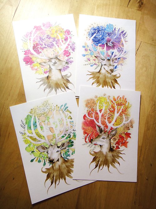 四季鹿系列白底明信片 season deer postcard set