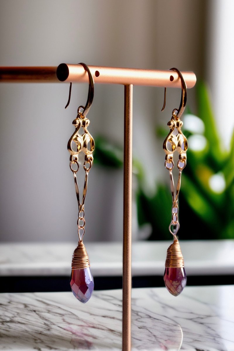 Non-crystal flower piece colorful 14k gold dangle glass earrings - ต่างหู - โลหะ หลากหลายสี