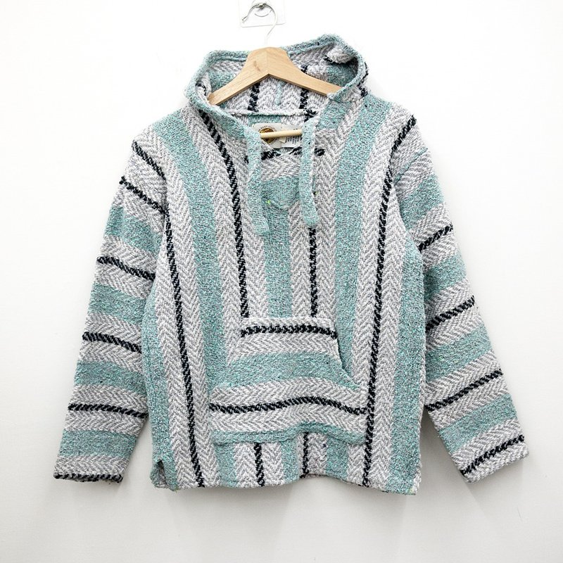 Vintage Mexican baja hoodie 墨西哥帽tee 湖綠 白 直條紋 墨西 - 帽T/大學T - 其他材質 藍色
