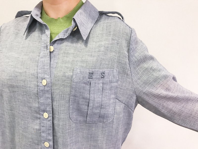 …｛DOTTORI :: TOP｝Grey Linen Long-Sleeved Shirt - Women's Shirts - Polyester Blue