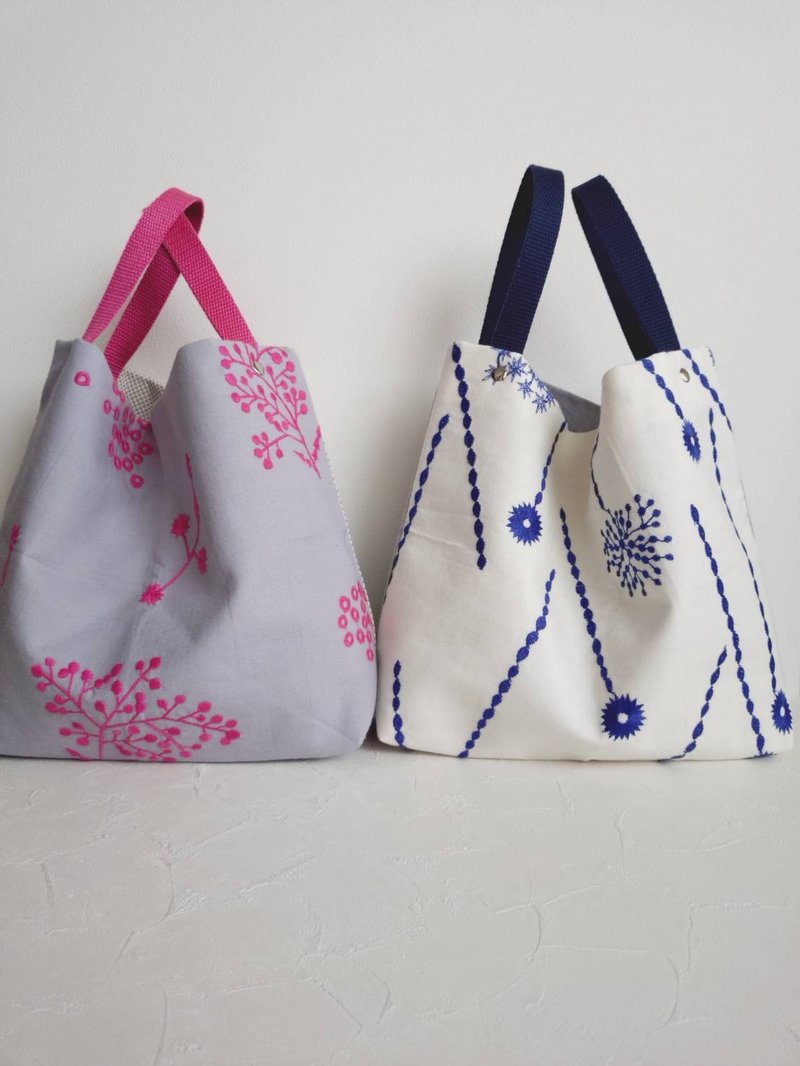現貨!【BVE/背心提袋(小)】日本刺繡布 枝葉 桃紅 寶藍 - 手提包/手提袋 - 棉．麻 多色